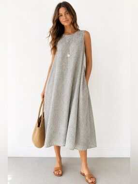 Eileen Fisher Chevron Print Tencel Dress M Minimalist Quiet Luxury Midi